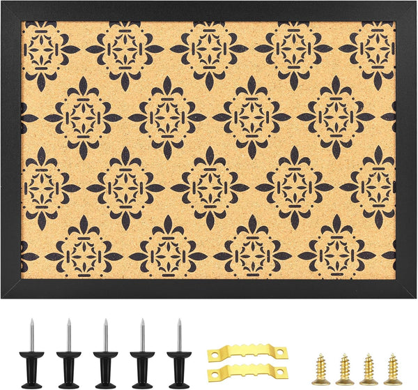 Decorative Cork Board for Walls with Black Floral Print, Black Framed Pin Board for Office, School, and Bedroom Decor