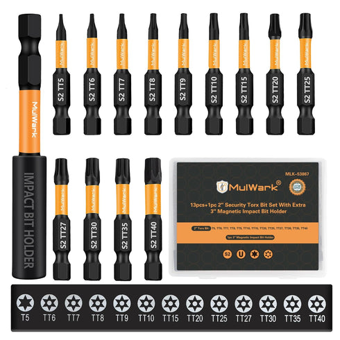 MulWark 14pcs Torx Bits Set, 2" S2 Steel Security Torx Socket Set with Magnetic Bit Holder