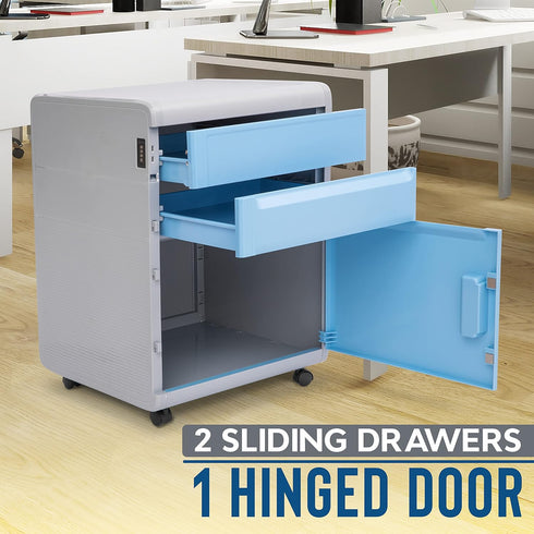 SereneLife 2 Drawer Rolling Cabinet, 3 Compartment Organizer Filing Desk with Coded Lock, Gray/Blue, 16.25” L x 16.5” W