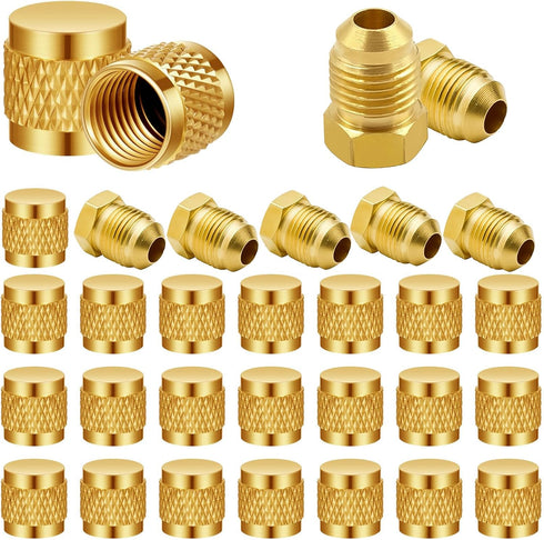 1/4'' Flare Caps, Round Brass HVAC Locking Caps with Neoprene O-Ring Seal, AC Service Valve Caps (5PCS)