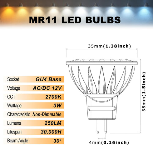 ALIDE 3W MR11 LED Light Bulbs, 12v 20w 35w Replacement for Low Voltage Fiber Optics Christmas Tree Outdoor Landscape (6