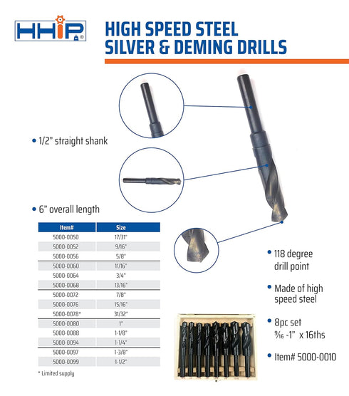 HHIP 5000-0088 1-1/8" High Speed Steel Silver and Deming Drill, 118 Degree Drill Point
