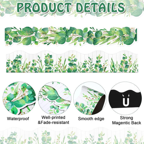 Capoda 24 Pcs Magnetic Eucalyptus Bulletin Board Border, Green Leaves Die Cut Trim for Classroom Office Decor