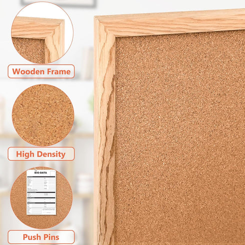 WALGLASS Cork Board 36" x 24" Wooden Frame Bulletin Board, Pin Cork Board for Home Office Decoration, 10 Pins