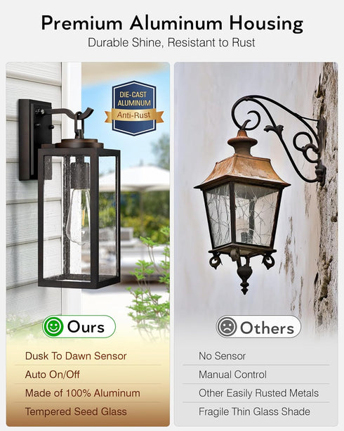 15" Garage,1 Large Dusk to Dawn Outdoor Wall Lights Exterior, Bronze Porch Light with Modern Transparent Glass