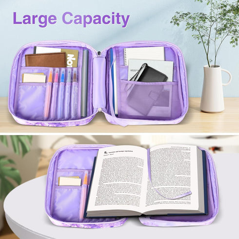 Waterproof Thick Bible Cover Case for Women, Large 11x9x3inch Purple Floral Cover with Strap Pockets