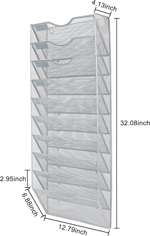 PAG Hanging Wall File Holder Organizer, Mail Sorter Literature Rack for Office with 10 Pockets, Silver