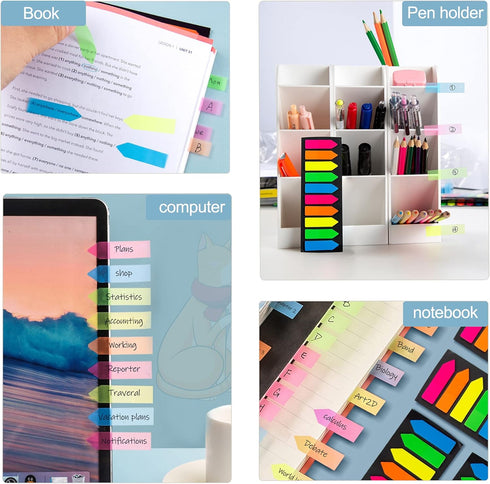 Fluorescent Translucent Sticky Note Flags, 1200 Pcs Total, 10 Color Tabs, Arrow Index Tabs, Page Flag Markers