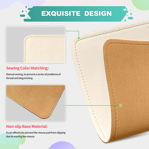 Leather Mouse Pad with Stitched Edge, Micro-Fiber Base, Non-Slip Waterproof, 8x11 Inch, Milky White