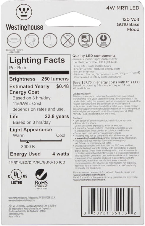 Westinghouse 3515320 25-Watt Equivalent MR11 Flood Dimmable Bright White LED Light Bulb, GU10 Base, 4 Count