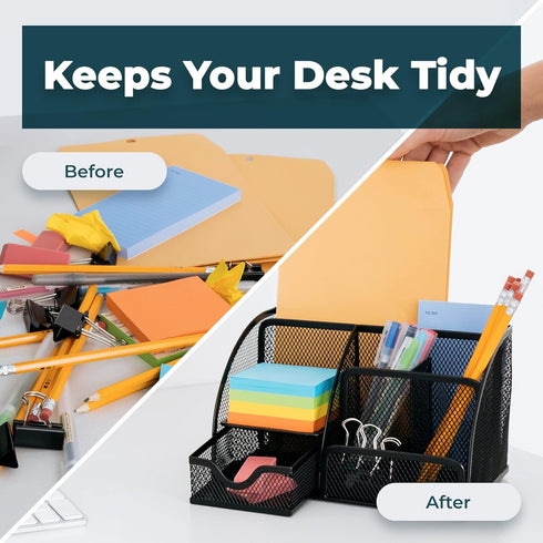 Greenco Mesh Desk Organizer, Small Black Caddy with 6 Compartments for Office & Dorm Room Supplies Storage