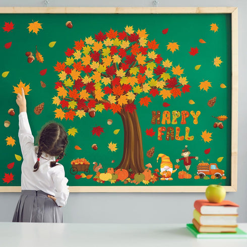 Chivertion 150 Pcs Fall Classroom Tree Bulletin Board Set, Happy Fall Decorations with Maple Leaves and Pumpkins