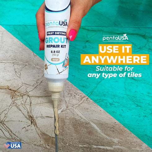 PentaUSA Tile Grout Repair Kit, Beige Grout Filler, Fast Drying Formula with Grout Float (8.8oz / 250gr)