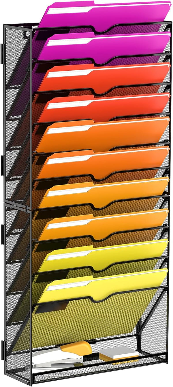 Wall File Organizer, 11-Tier Mesh Hanging File Organizer for Papers, Folders, Ideal for Office Home, Black