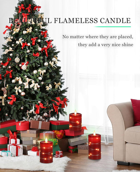 Wax,3 Pack Da by Red Flameless Candles with String Lights, Battery Operated Candles with Remote Control