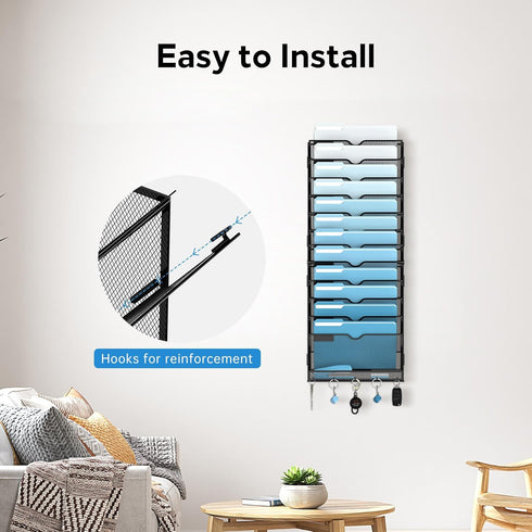 SUPEASY 13-Tier Wall File Organizer, Mesh Hanging File Holder, Wall Mounted for Papers, Folders, Black