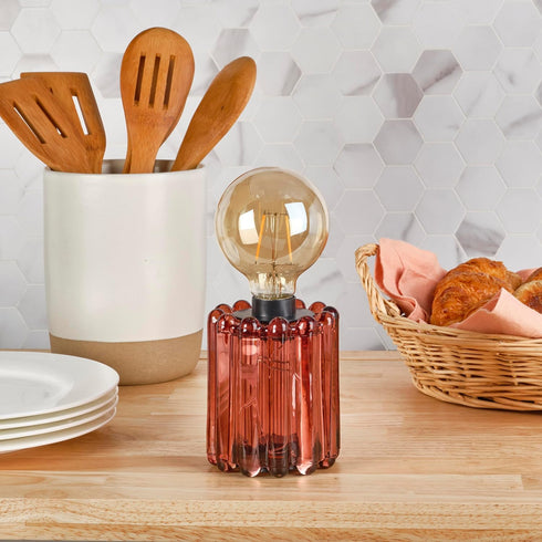 Bulb 9 Inch Elements Pink Glass LED Lantern Decorative Lighted Table lamp with Textured Pink Glass, Battery Operated;