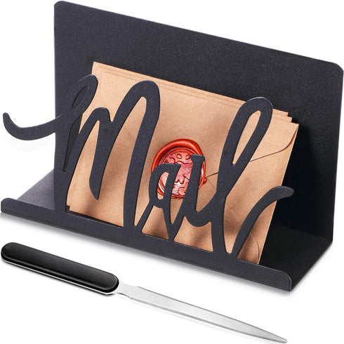 Cutout Metal Mail Holder Organizer with Letter Opener, Artistic Design for Home Office, Black Countertop Storage
