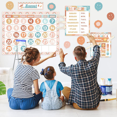 Groovy Calendar Bulletin Board Set - Retro Hippie Calendar, Seasons Weather Chart, CTP Bulletin Board Paper-Cuts for