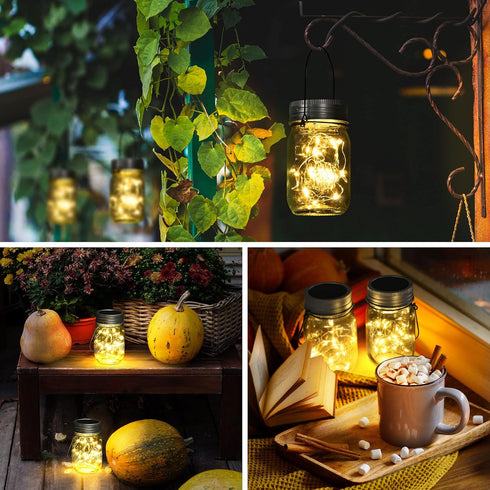 6 Pack 30 GIGALUMI Hanging Mason Jar Solar Lights, Led Hanging Solar Lanterns Outdoor Waterproof, Hangers and Jars