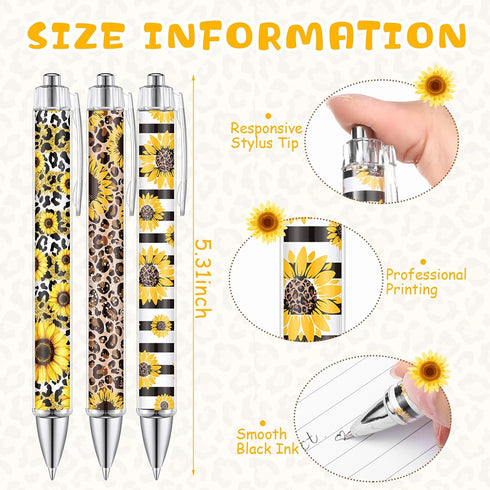 TecUnite 30 1.0 mm 10 Pcs Sunflower Pens Sunflower Gift for Sunflower Lover Yellow Flower Floral Pens Black Ink