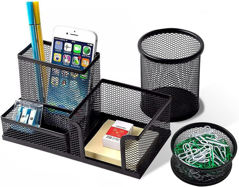 Pen Holder for Desk, 3 Compartments Mesh Pencil Holder Set with Cup and Paper Clip Holder, Ideal Office School Supplies