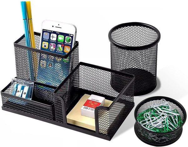Pen Holder for Desk, 3 Compartments Mesh Pencil Holder Set with Cup and Paper Clip Holder, Ideal Office School Supplies