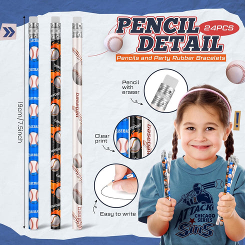 Sabary 48 Pcs Sports Pencils Silicone Bracelets Set Soccer Football Basketball Baseball Wooden Pencil Rubber Wristbands for Students School Classroom Birthday Gifts Sports Party Favors (Baseball) by Sabary