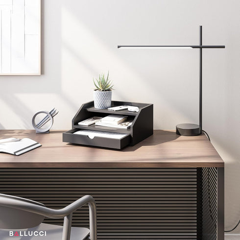 Ballucci Desk Organizer with Drawer, 3 Tier Paper, Office Supplies and File Organizer for Desktop - Black