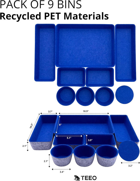Teeo Felt Drawer Organizer, Desk Accessories for Office Organization, Kitchen Organizer, Jewelry Tray, Pack of 9 (Royal