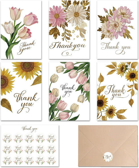 XISHIUYIS Thank You Cards with Envelopes - 24 Pack 6 Floral Designs Thank