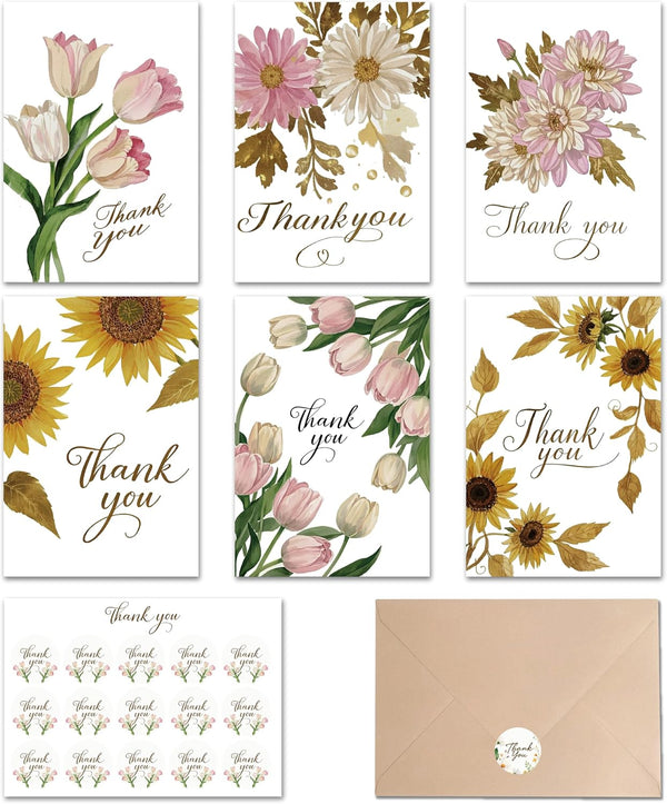 XISHIUYIS Thank You Cards with Envelopes - 24 Pack 6 Floral Designs Thank