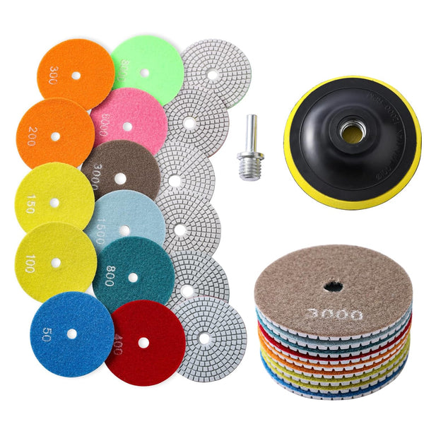 XKDOUS 13 Packs 4" Diamond Polishing Pads with Backer Pad, 50-8000 Grit Wet/Dry Polish Kit for Drill