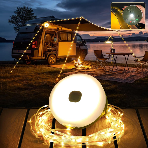 Retractable Camping String Lights, 33FT 3000 mAh Rechargeable 4 in 1 Tent