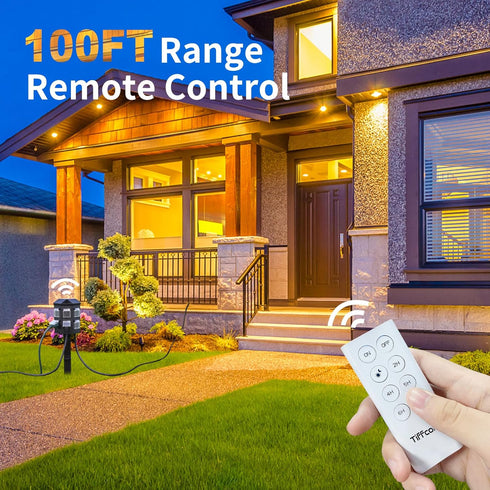 Tiffcofio 100FT 6FT 6 Outdoor Power Stake Timer, Remote Control, Dusk to Dawn Christmas Light Timer, Extension Cord