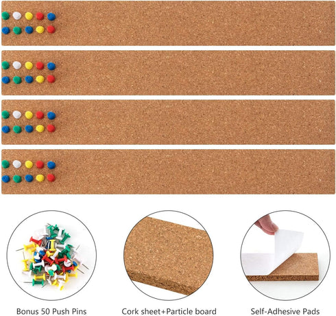 HBlife Cork Board Bulletin Bar Strip 8 Pack, 15x2 Inch, 100% Natural Frameless Cork Board Strips with Push Pins