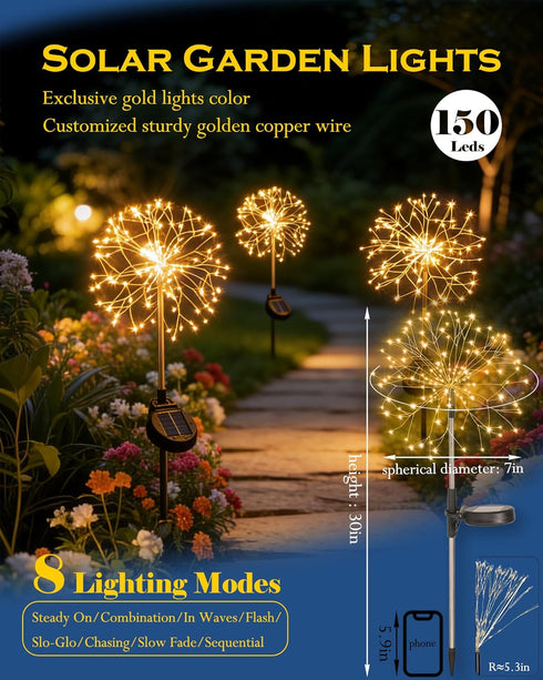 2 Pack 150Leds Solar Garden Lights Outdoor Yard Decorations, Pathway Lights Stake, Fairy Firework Light for Garden