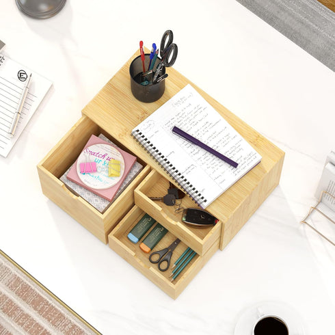 Bamboo Desk Organizer with Drawers, Mini Tabletop Storage Container for Home Office, No Assembly Required