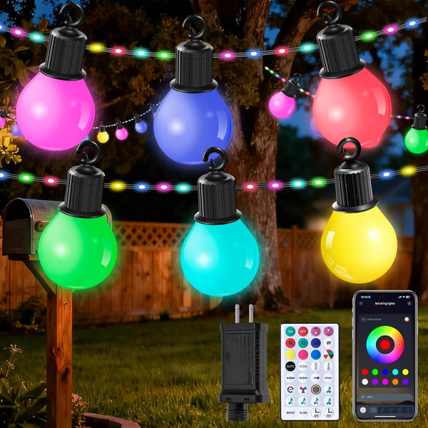 Smart Outdoor String Lights 65.6Ft, RGB IC Color Changing LED Patio Light