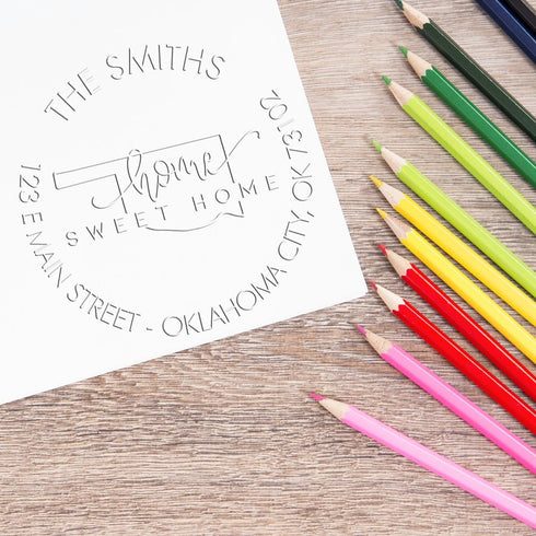 Handcrafted Home Sweet Home Desk Address Seal Embosser for Oklahoma - Custom Return Embossing Stamp for Change