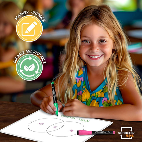 SCRIBBLEDO Venn Diagram Chart Math Practice, 9”x12” Small White Board Dry Erase Sheets for Classroom Pack 10 Sheets