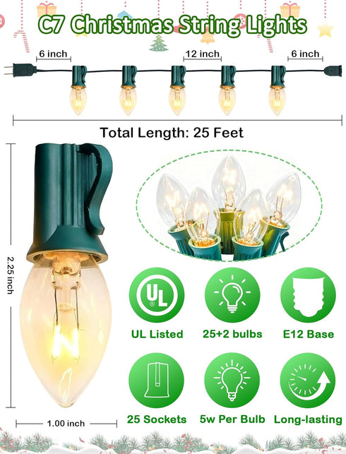 C7 25FT, C7 27 Bulbs, Clear Christmas Lights Outdoor Patio String Lights with Warm White Vintage Christmas Tree Lights
