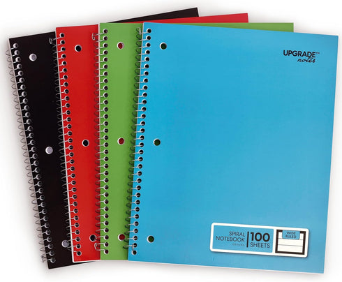 Spiral Notebooks, 1 Subject, 100 Sheets, Wide-Ruled, Thick Paper Resists Ink Bleed-Through, 4-Pack