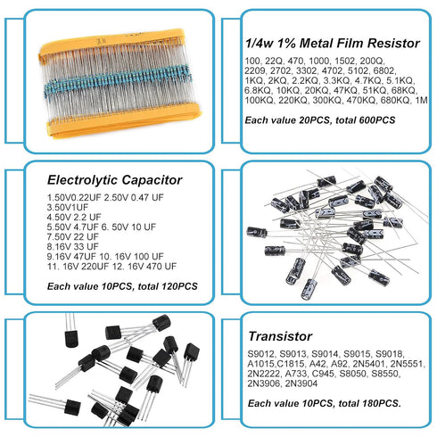 1400Pcs Basic Electronics Component Assortment Kit for Arduino, Electrolytic Capacitor, Resistor, LED Diode