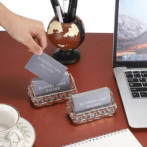 Hipiwe 2 Packs Crystal Business Card Holder, Gold Metal Display Holder for Desk, Bling Office Desktop Organizer with