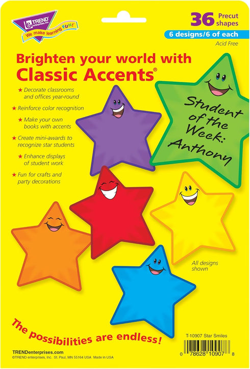 TREND ENTERPRISES Accents, Multi Star Smiles Classic, 5-1/2-Inch Tall, 36/Pack (TEPT10907)