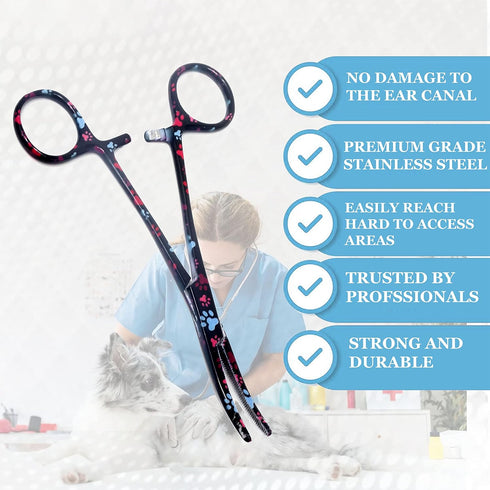 Dog Pet Ear/Nose Hair Puller Grooming Hemostat Locking Forceps, 5.5" Stainless Steel Curved Pliers (Black Multi Paws)