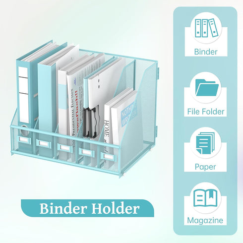 SUPEASY Desk Organizers Metal Magazine File Holder with 5 Vertical Compartments for Office Desktop, Blue Plus