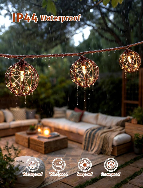 8.5Ft 10L Outdoor Decorative Patio Lights, Beaded Copper Wire Ball Style Lantern Lights, Connectable Weather-Resistant