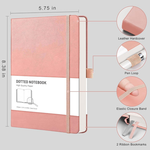 RETTACY Bullet Dotted Journal 2 Pack - A5 Dotted Grid Journal Notebook with 160 Numbered Pages per Pack, 120 GSM Acid-Free Paper, Leather Hardcover, Inner Pocket, 5.7'' × 8.3'' (Black & Pink)